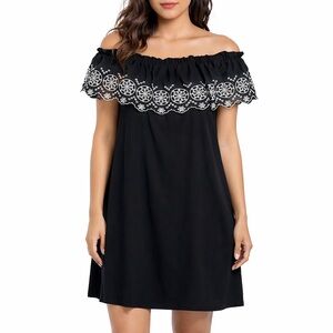 Cynthia Steffe Off the Shoulder Dress Black with White Embroidery Size 6